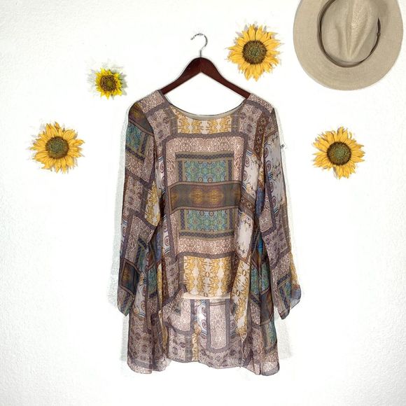 Moda Seta Italy Geometric Round Neck Sheer Flowy Top Blouse Womens Medium - Picture 2 of 13